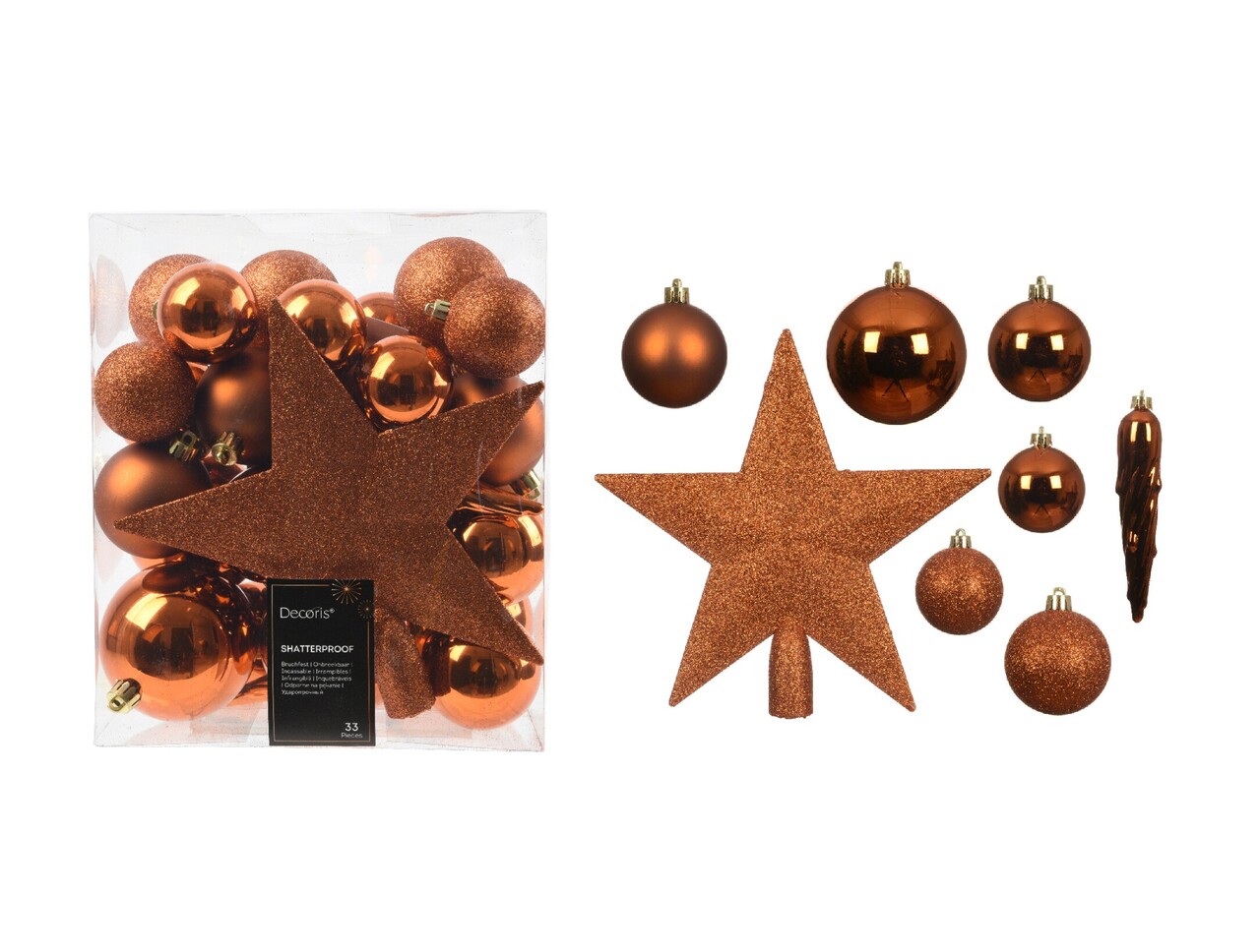 Cutie cu 33 globuri asortate si varf de brad Star Christmas, Decoris, plastic, galben - imagine 4